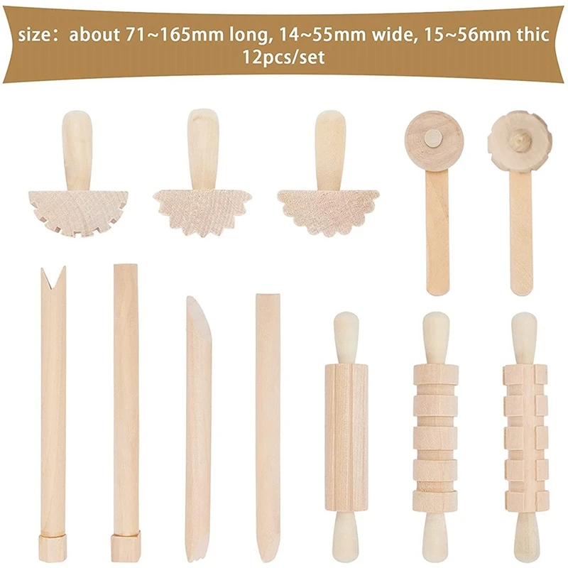 Clay and Dough Wood Pottery Tools, Play Accessories, Inclui Rolos, Martelo, Party Pack, Selos para Clay Art, 12Pcs