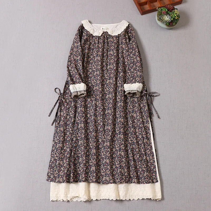 Autumn Cotton Linen Ruffle Vintage Floral Dress Women Japanese Mori Girl Doll Collar Puff Sleeve Loose Oversized Pullover Dress