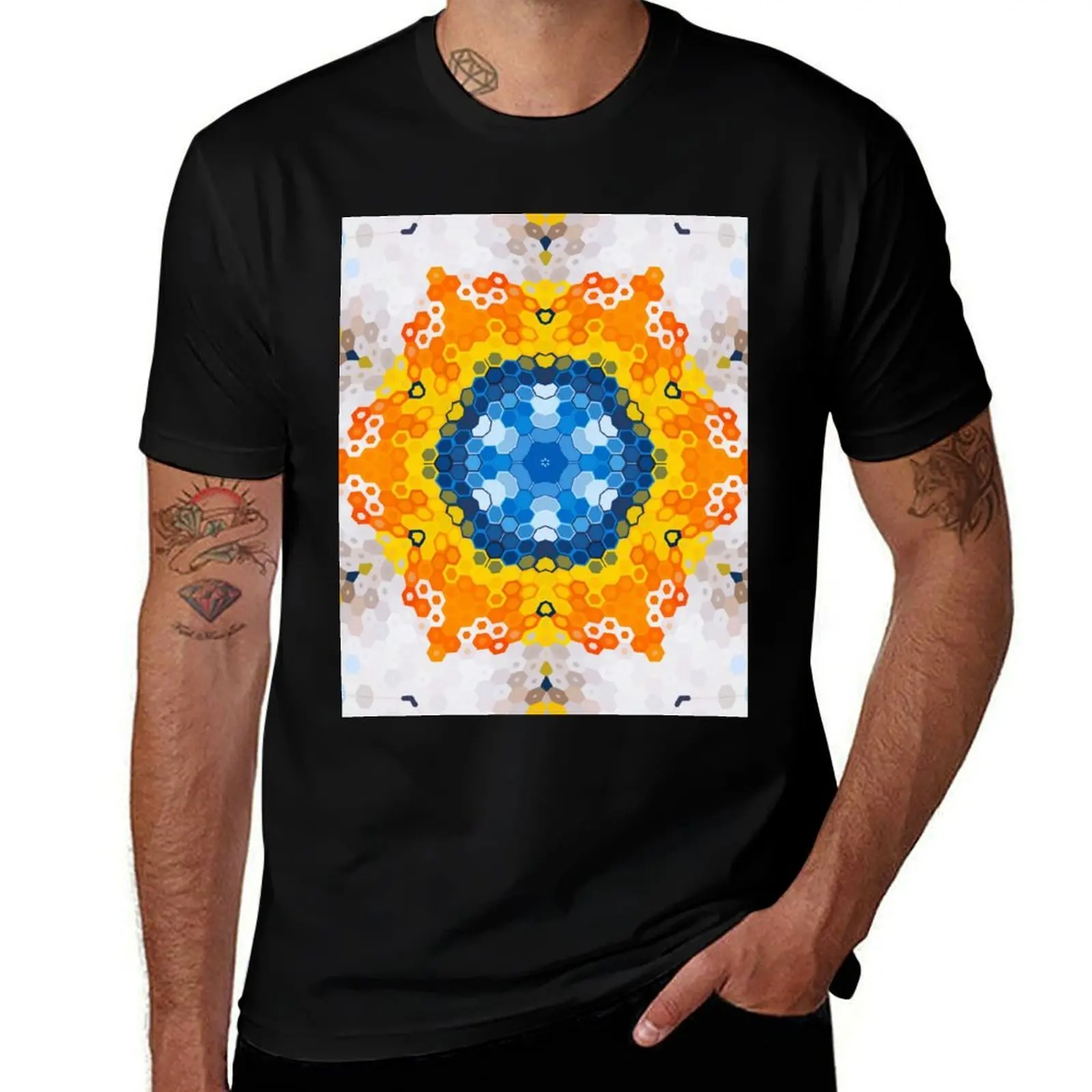 

Hex Mandala Blue Yellow Orange and White T-Shirt blue archive oversized t shirt mens clothes