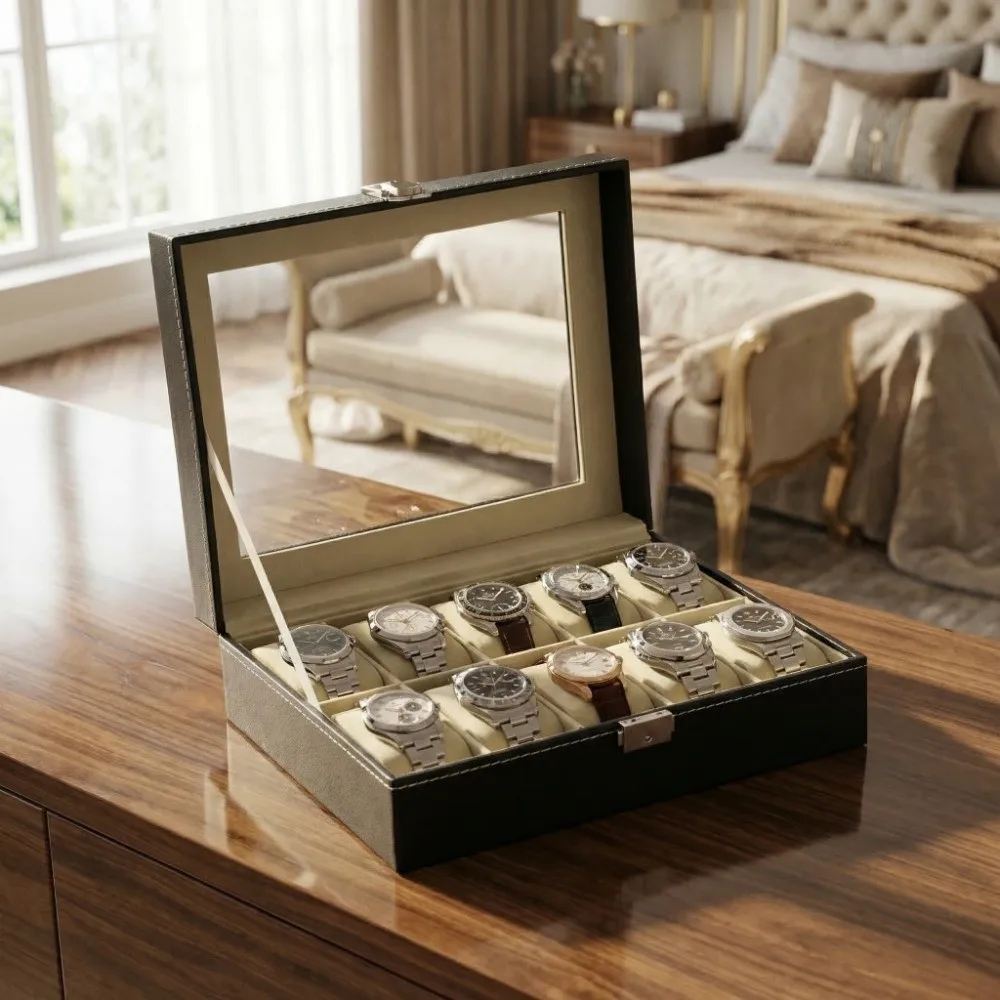 

10 Slots Watch Storage Box Black PU Leather Watch Display Case Dustproof Faux Leather Watch Organizer Collection Organize