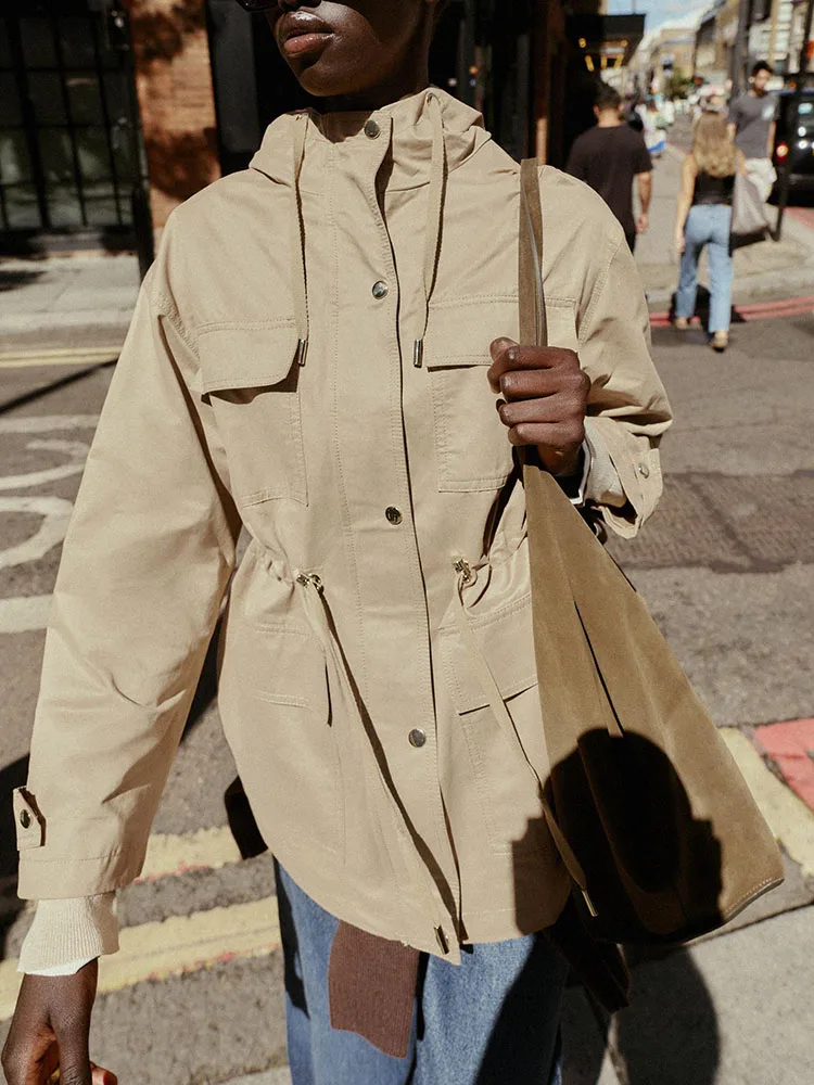 

Fall 2025 New Arrival Women's Coat Stand Collar Belted Zipper Multi-ket Hooded Jaet Commute Sle Loose Fit Long Sve