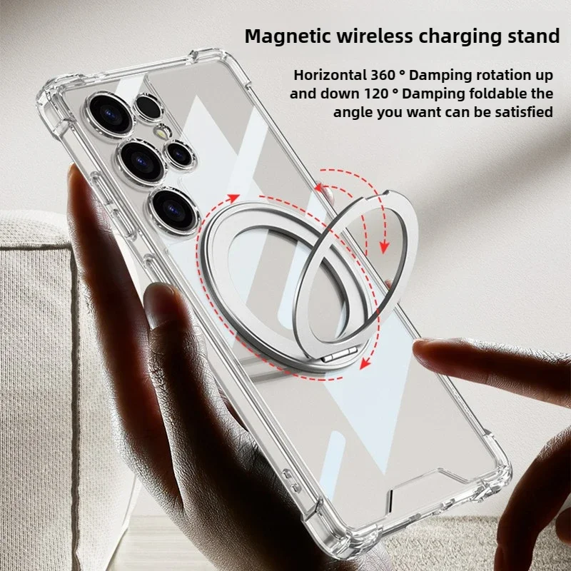 For Samsung Galaxy S25 Ultra 5G Case Ultra-Thin Luxury Clear Matte Leather Magnetic Rotating Bracket Shockproof Back Accessories