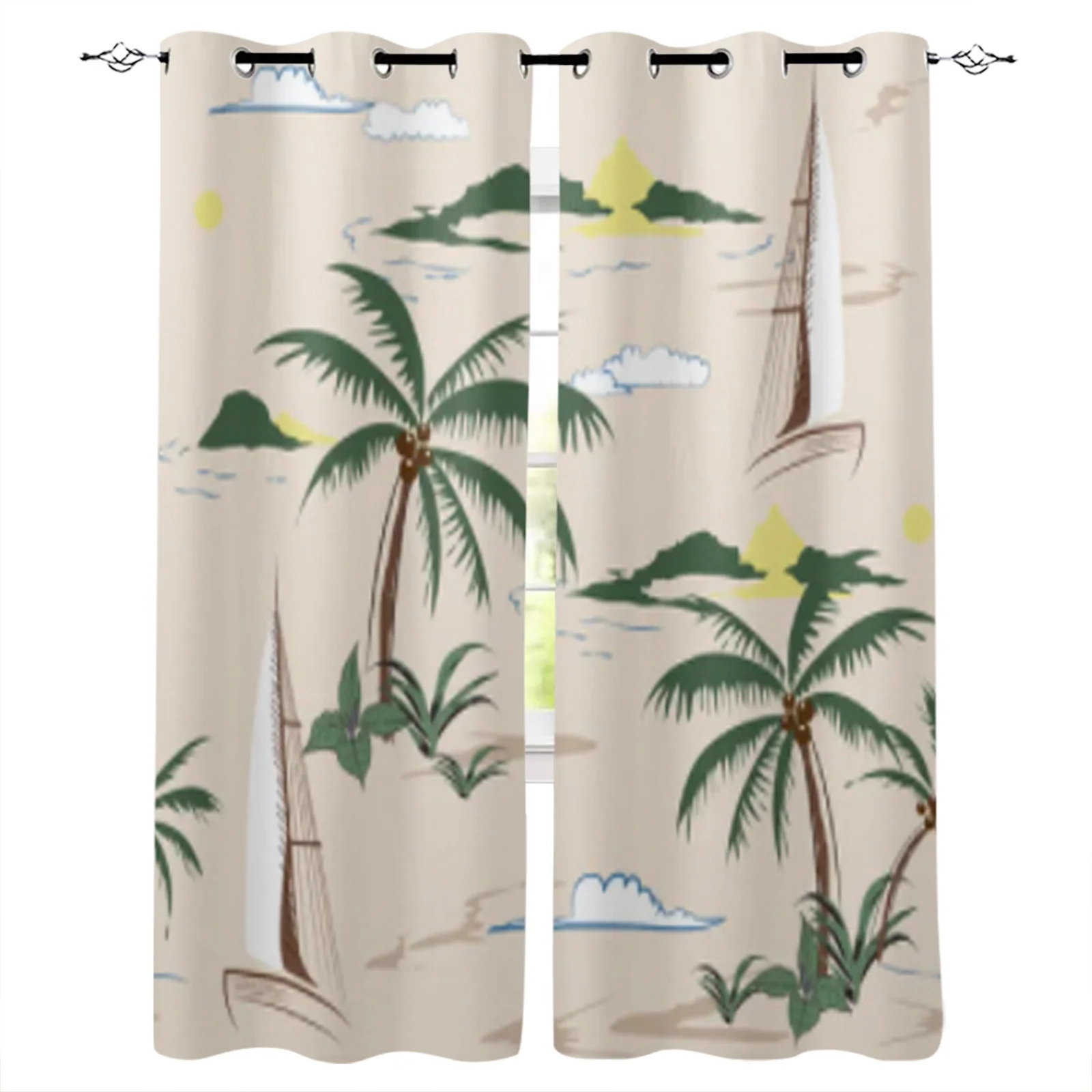 Palm Tree Island Pattern Beige Printing Curtain For Living Room Luxury Bedroom Hotel Curtain Home Decor Window Balcony Drapes