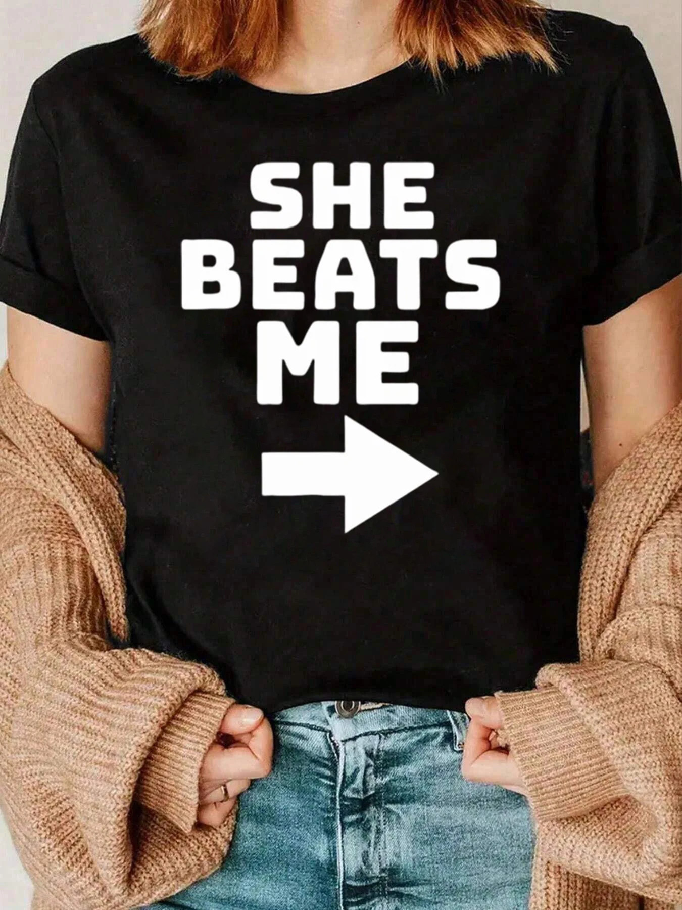 She Beats Me Arrow Print Camiseta Casual Roupa Diária Feminina 220g