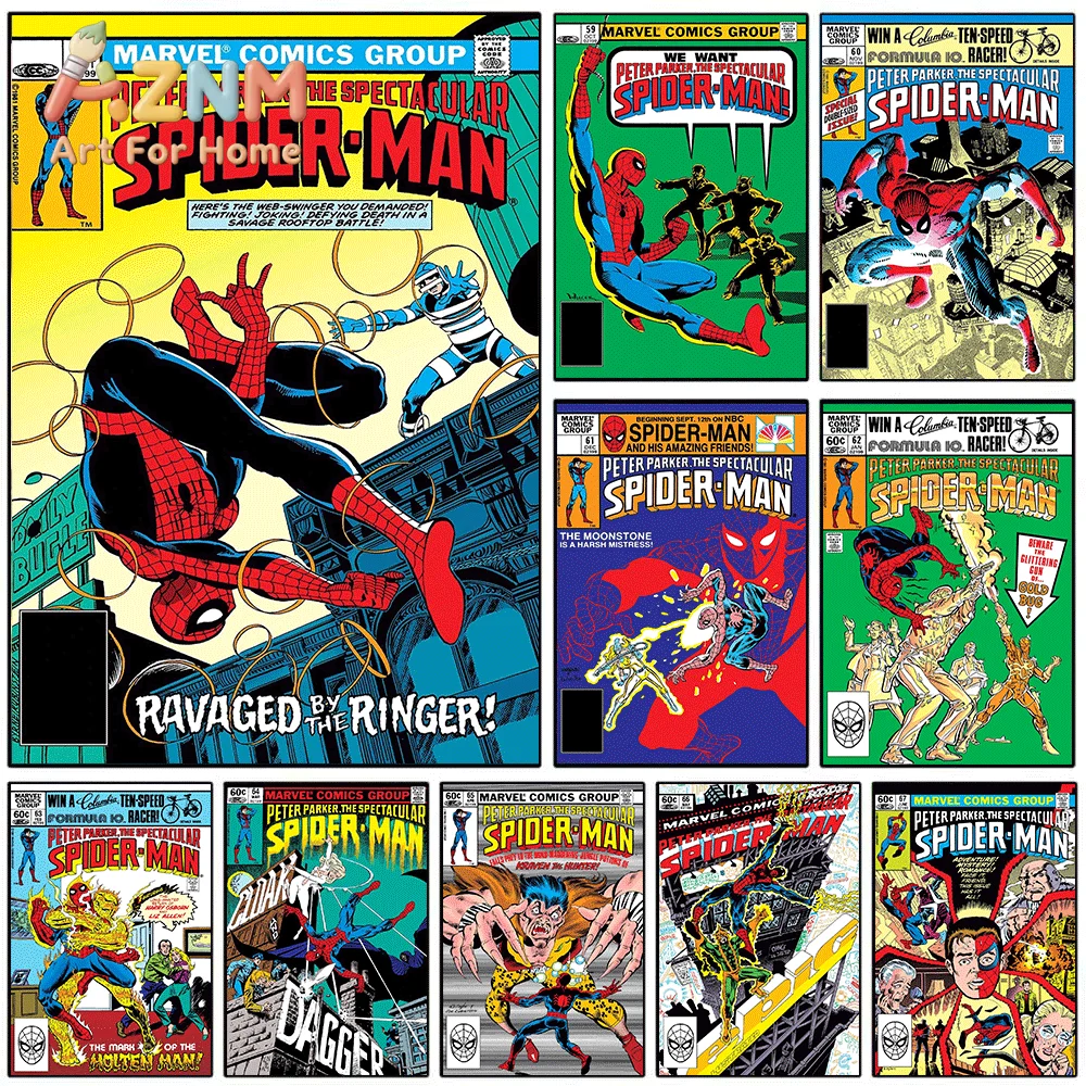 AZNM Retro Peter Parker The Spectacular Spider-Man Comic Cover Collage Canvas Wall Art Unframed Print Home Decor Poster for Su