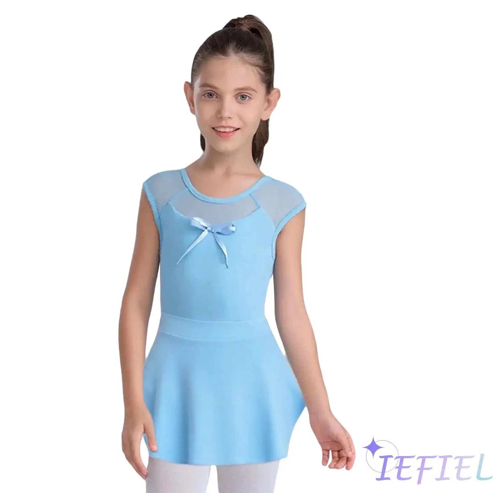 Body da danza classica per bambina, girocollo, senza maniche, con nodo, ritaglio sul retro, body con fiocco patchwork in rete trasparente con gonna a fessura laterale