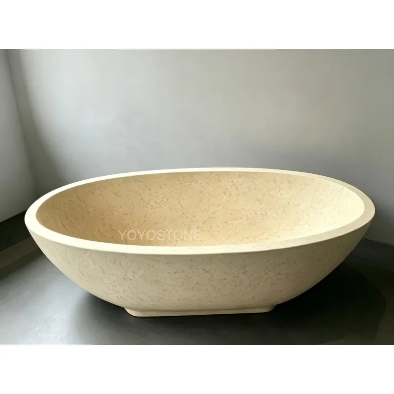 Luxury Custom-made Modern Oval Beige Marble Eco-Friendly Freestanding Soaking Bathtub For Bathroom