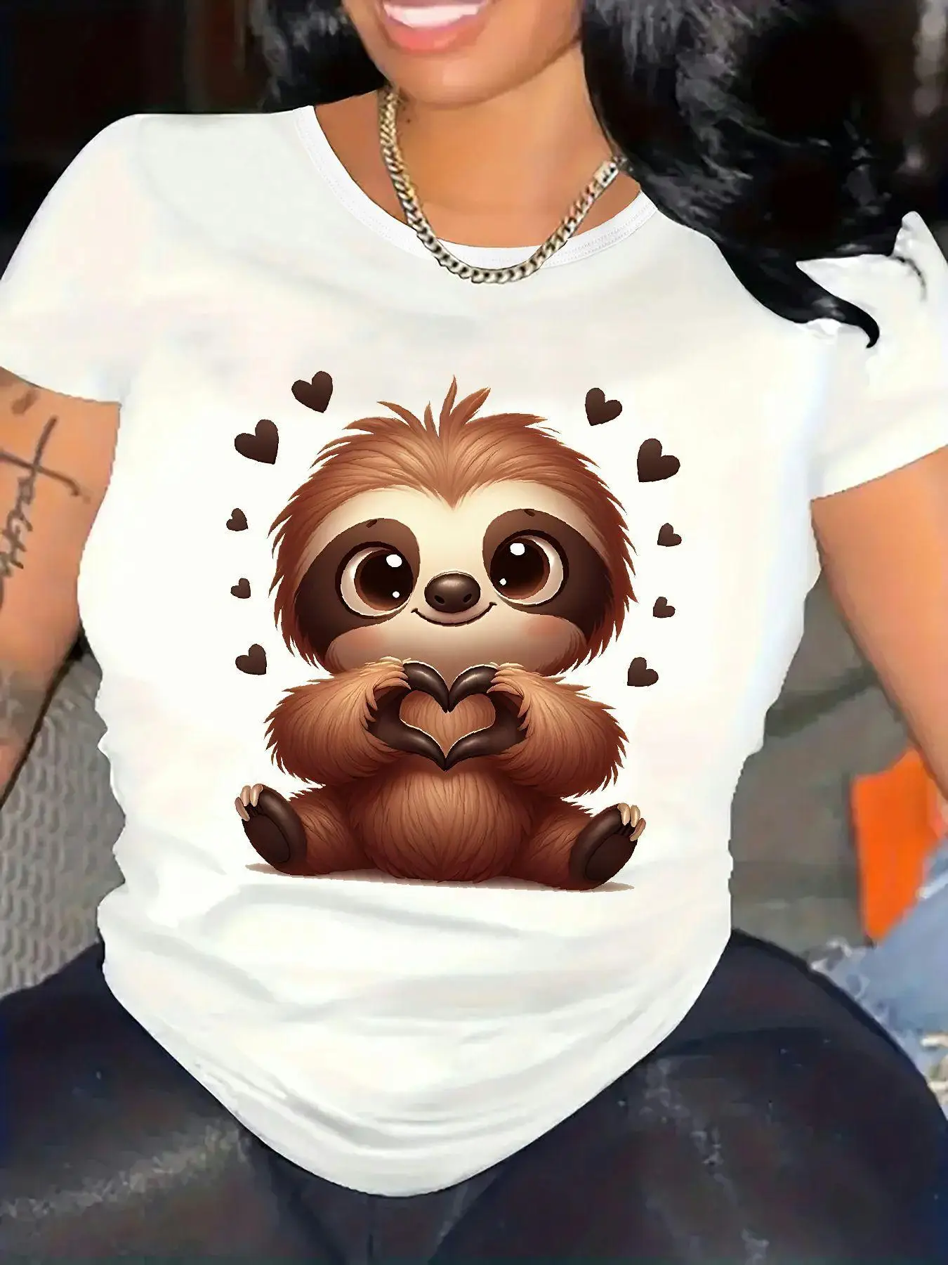 Women'S Cute Sloth Graphic T-Shirt Soft Everyday Tee with Black Sloth Hearts Design Crew Neck Top Summer Comfortable Clothes