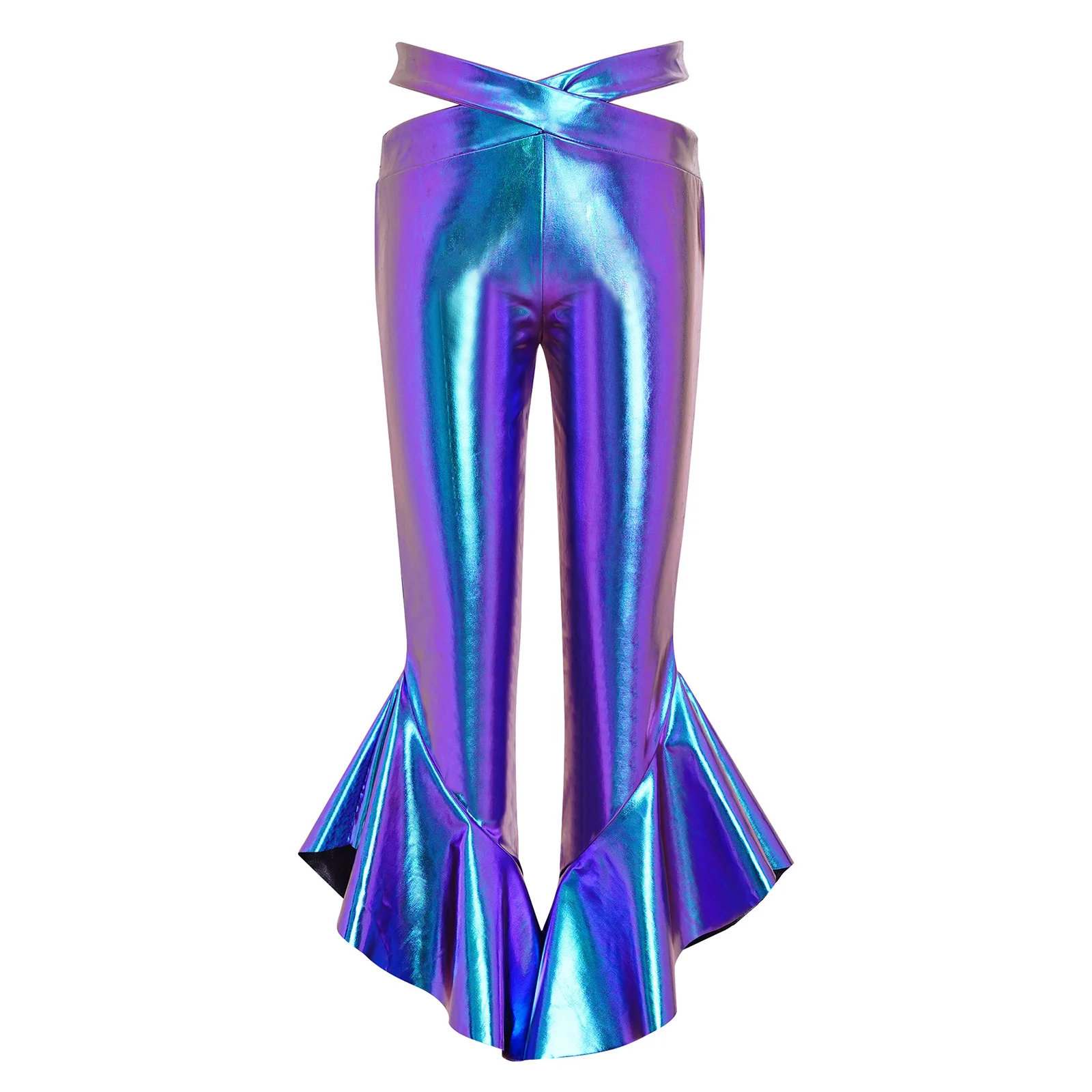 Kids Girls Metallic Disco Flared Pants Dance Hippie Costumes Cross Waistband Ruffles Bell-Bottom Trousers for Jazz Latin Cha-cha