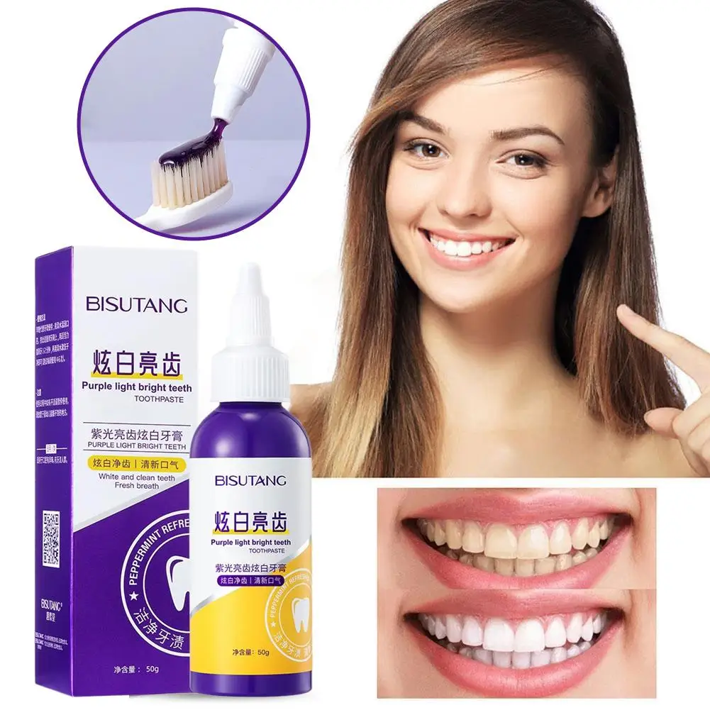

50 г фиолетовая отбеливающая зубная паста, осветляющая резинка для зубов, свежая, долговечная, повседневная формула, уход без фторидов, защита полости рта B C8Z3