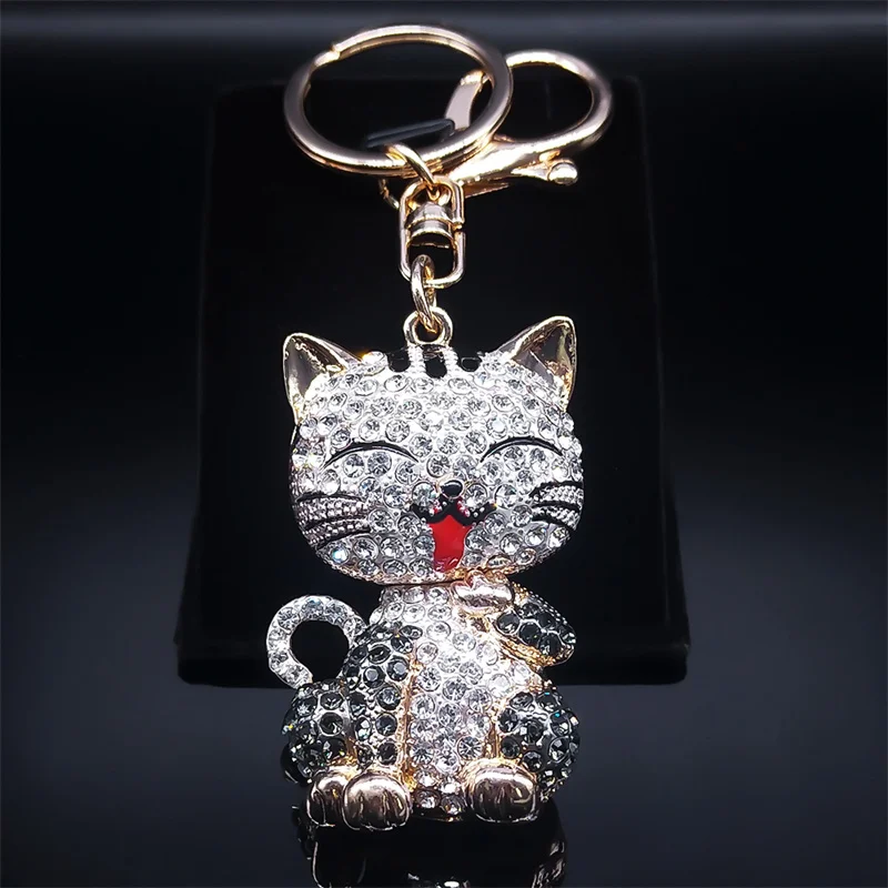 Cartoon Cat Keychain Rhinestone Gold Color Cute Kitty Keyring Holder Creative Gift Fashion Jewelry llaveros para mujer