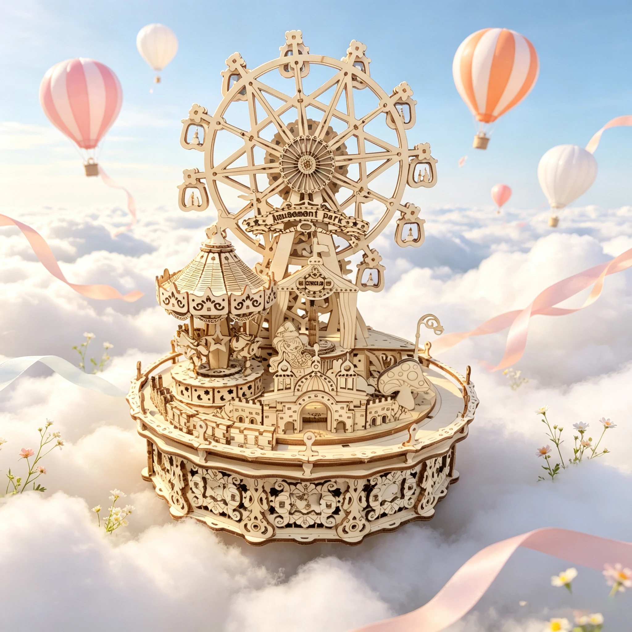 3D Wooden Puzzle Amusement Park Rotating Music Box, Ferris Wheel & Carousel DIY Model, Table Decor & Gift