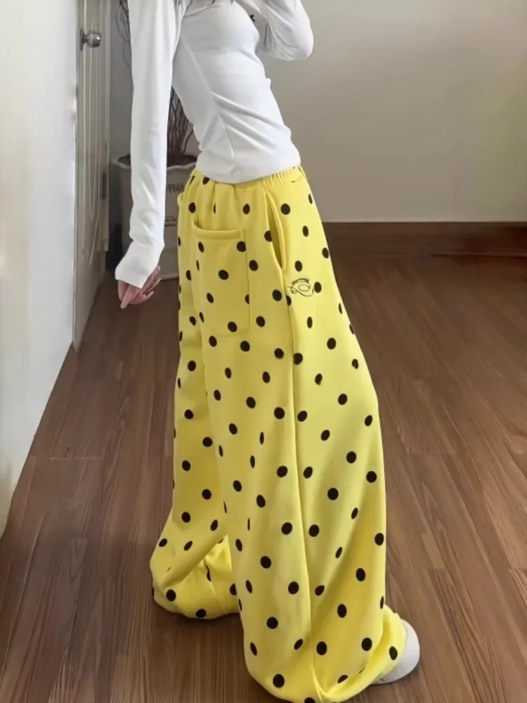 American Style Soft Sporty Polka Dot Wide Leg Pants Women's Thick Home Sleepwear Casual Trousers High Waist Cotton Blend