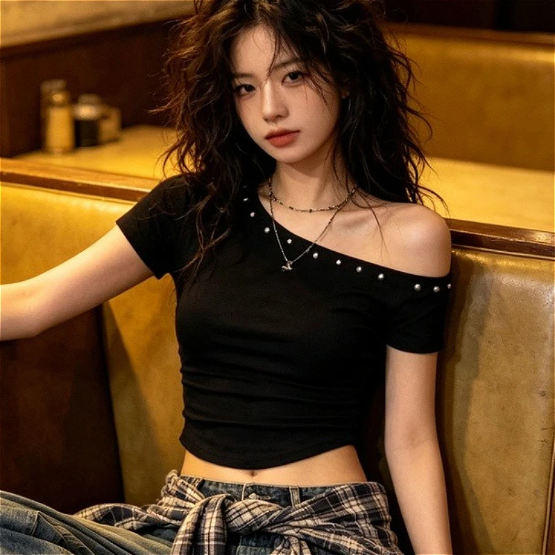 Cold Shoulder T Shirt Women Biker Moto Garage Rebel Racing Thunder Заклепки Short Sleeve Beaded Trim Gathered Solid Black Icon