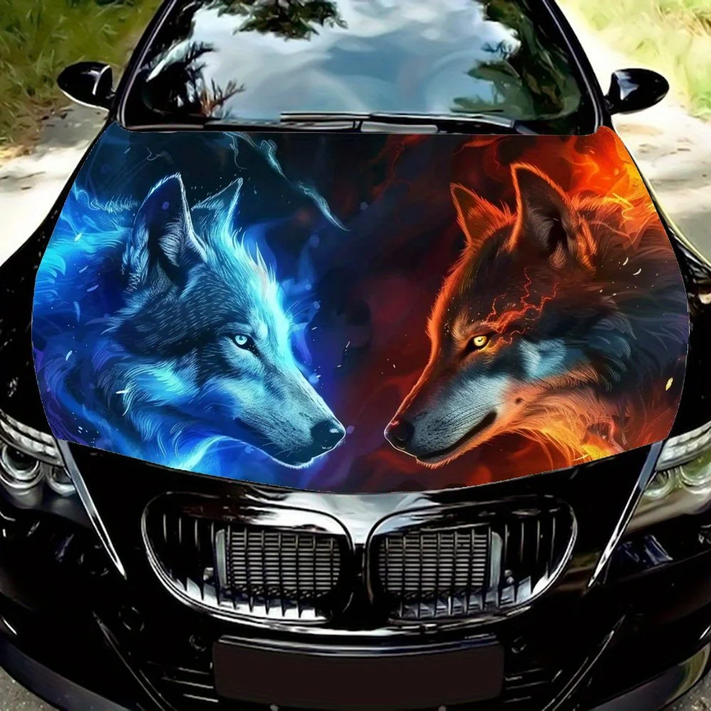 Blue and Red Flame Wolf Car Hood Sticker Design, Durable PVC Material, Easy To Disassemble, Waterproof, Very Suitable for BMW an