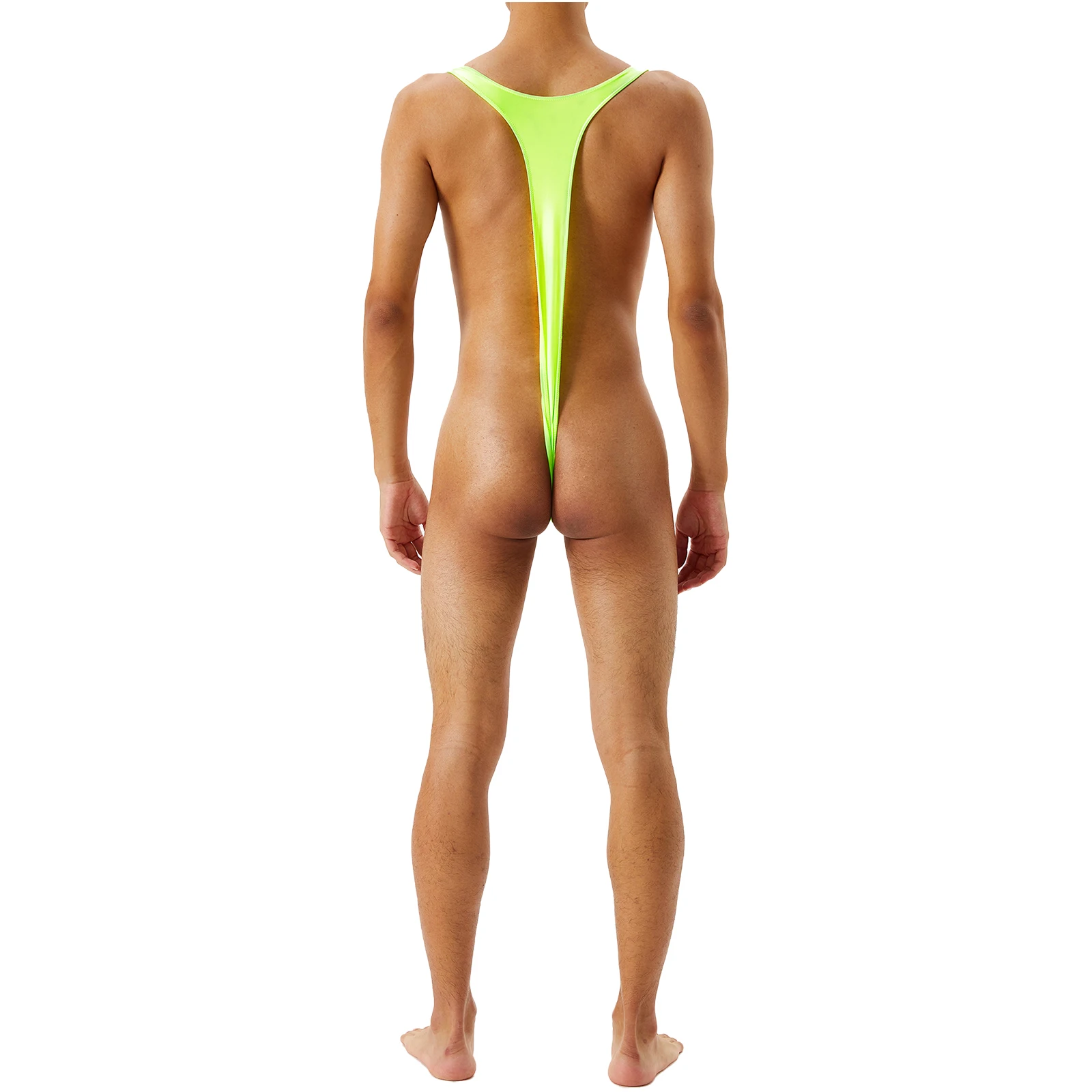 Tiaobug Mens Glossy 1Pcs Solid Mankini Bodysuits Swimwear Bulge Pouch Thongs V-Shaped Suspender Nightclub Underwear Swimsuits