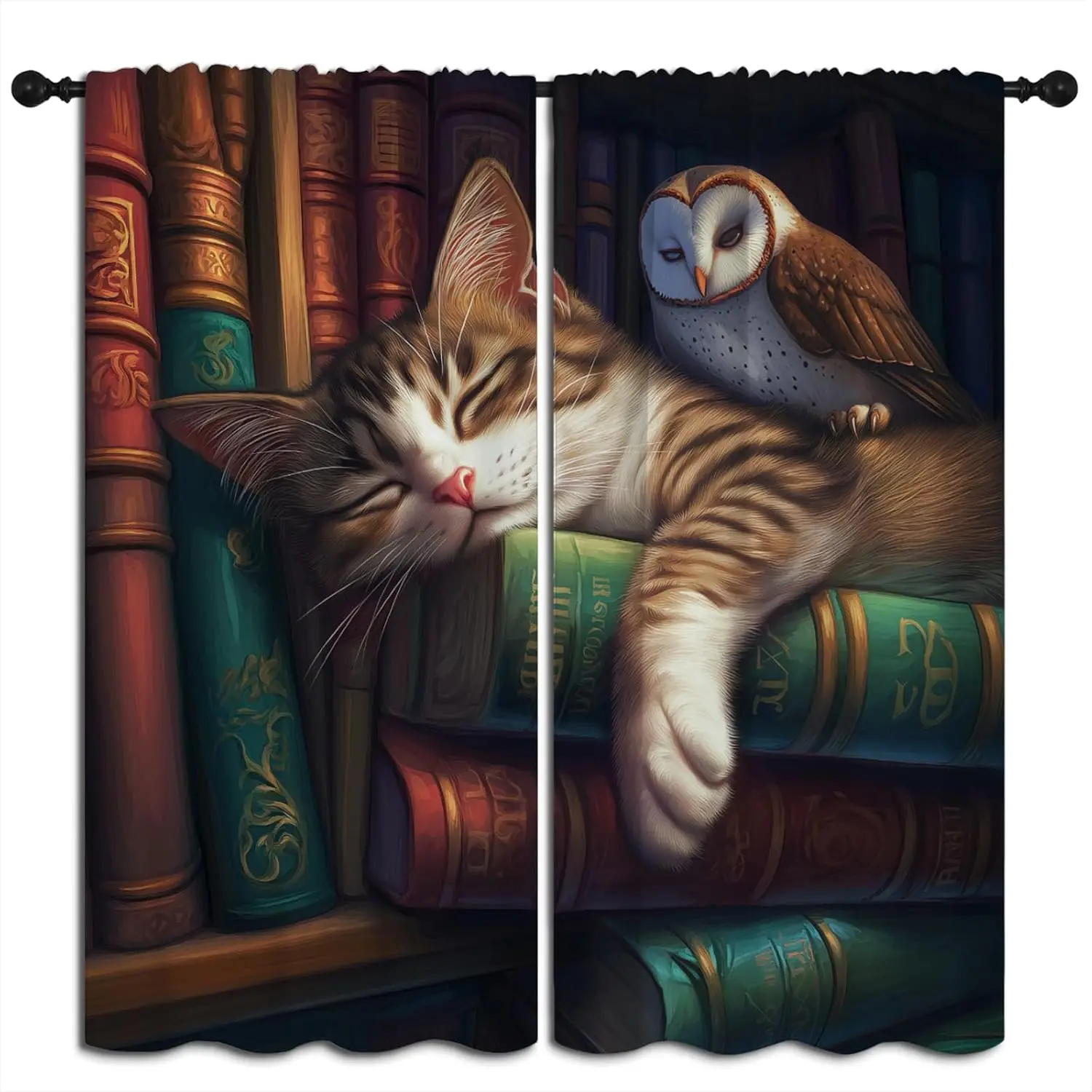 Wizard Vintage Book Cat Owl Curtain Panels, Peaceful Napping Tabby Cat Barn Owl Stacked Antique Books Drapes for Cottage Study