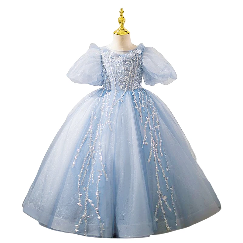 Perlen Bluetulle Prinzessin Brautkleid für Kinder elegante Geburtstag Karneval Festzug Performance-Kleid für 2-12 Jahre alte Mädchen