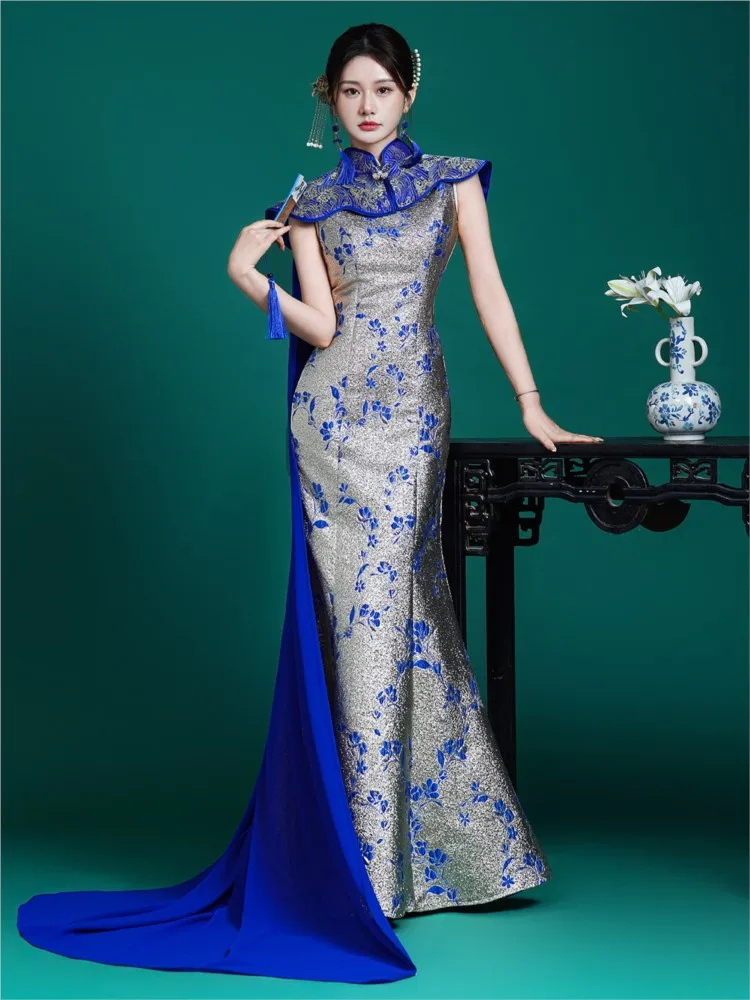 New Chinese-style cheongsam capes for fashion shows long fishtail skirts hosts