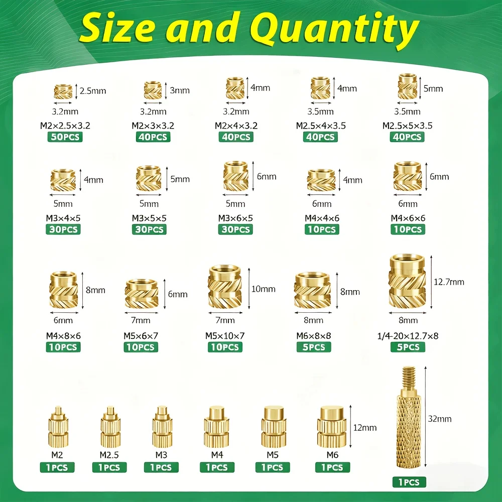 360+7Pcs M2-M6 Brass Threaded Inserts Kit Heat Set Tool Metric Knurled Nuts Fastener for Plastic 3D Printing Accessories