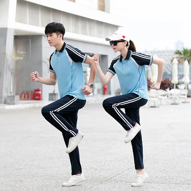 Verão algodão poliéster pupila de manga curta roupas esportivas menina escola estudante uniforme correndo treinamento polo camisa + calças menino