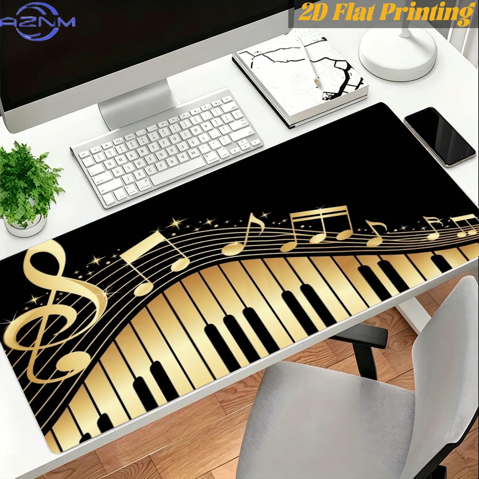 1pc Golden Musical Note Piano Keyboard 2D Printed Large Mouse Pad, Decorative Desk Mat for Home Office Daily Work Study, Great H