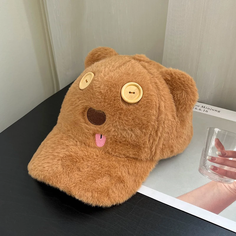 

2025 New Cute Button Cute Bear Hat Women Autumn And Winter Thickened Warm Versatile Face Friendly Small Duck Tongue Baseball Cap