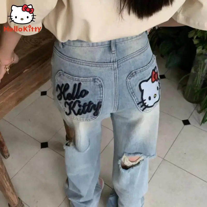 Y2K Anime Cartoon Hellokitty Embroidery Jeans Kawaii Girly Street Style Ripped Jeans Students Loose Straight Denim Pants Gift