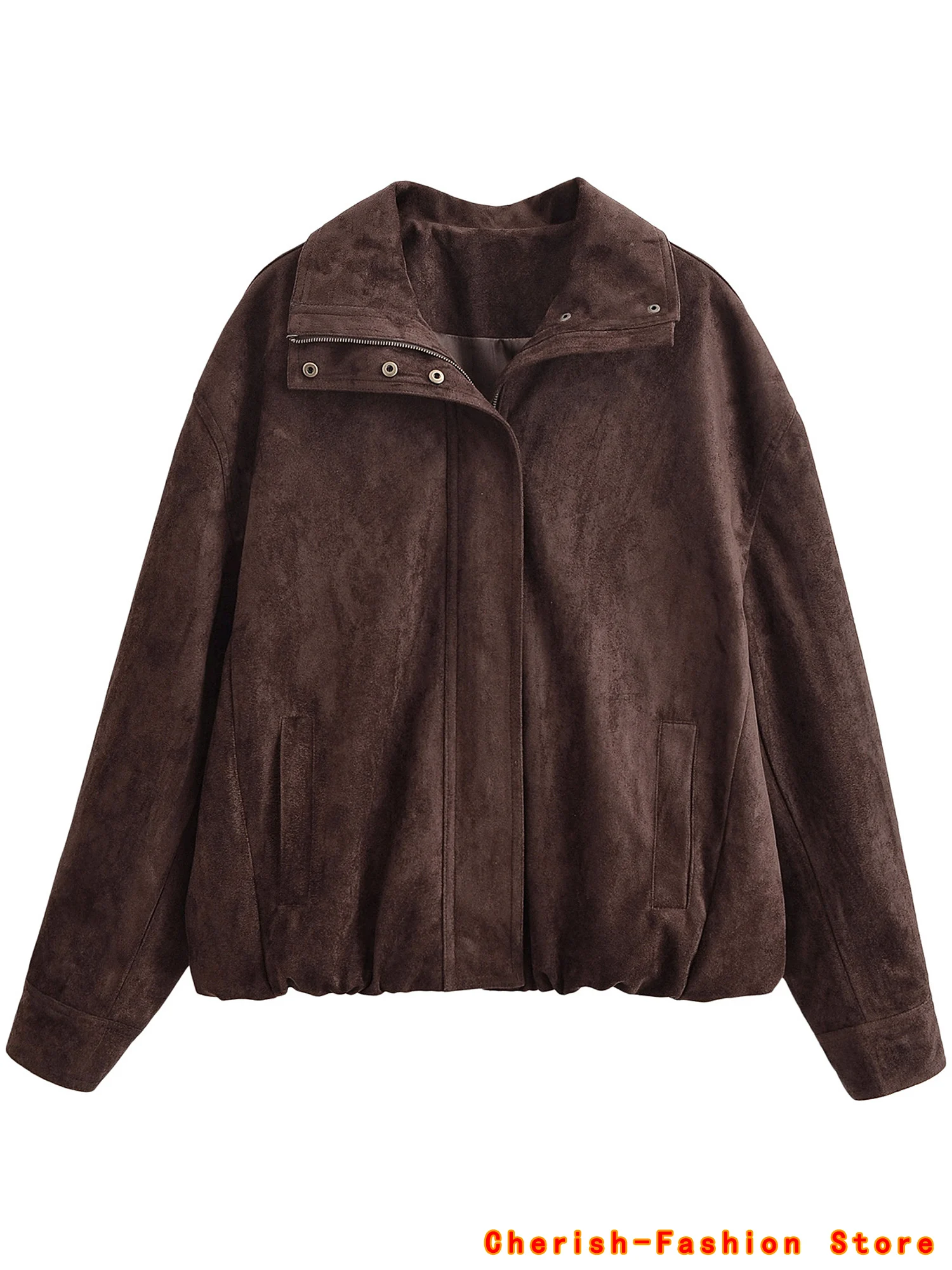 

Autumn Casual Fashion Lady Streetwears Vintage Brown Suede Leather Women's Jacket Solid Loose Long Sleeved Pocket Zipper Coat