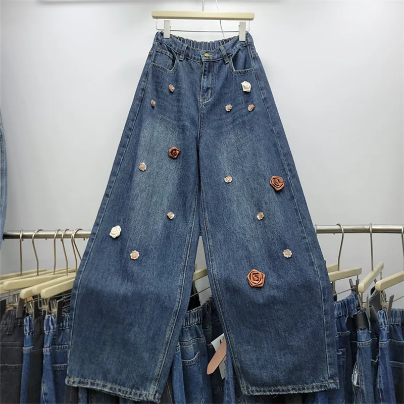SuperAen Three-dimensional Rose Flower Decorated Jeans for Women Autumn Vintage Washed High-waisted Loose Wide-leg Pants