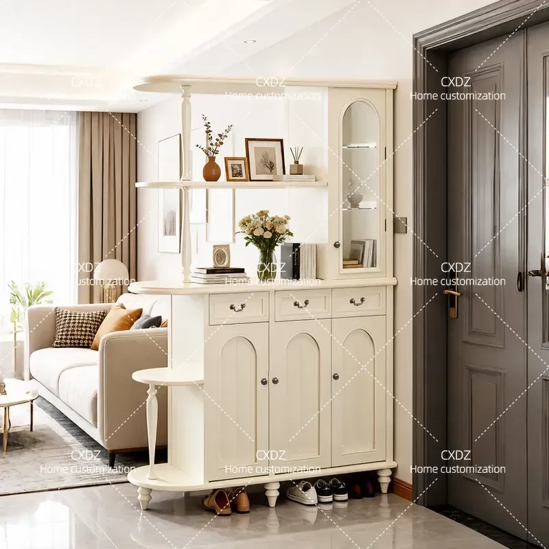 American All Solid Wood Porch Cabinet Double Door Shoe Storage Large Capacity Retro Living Room Hallway Partition Glass Wine
