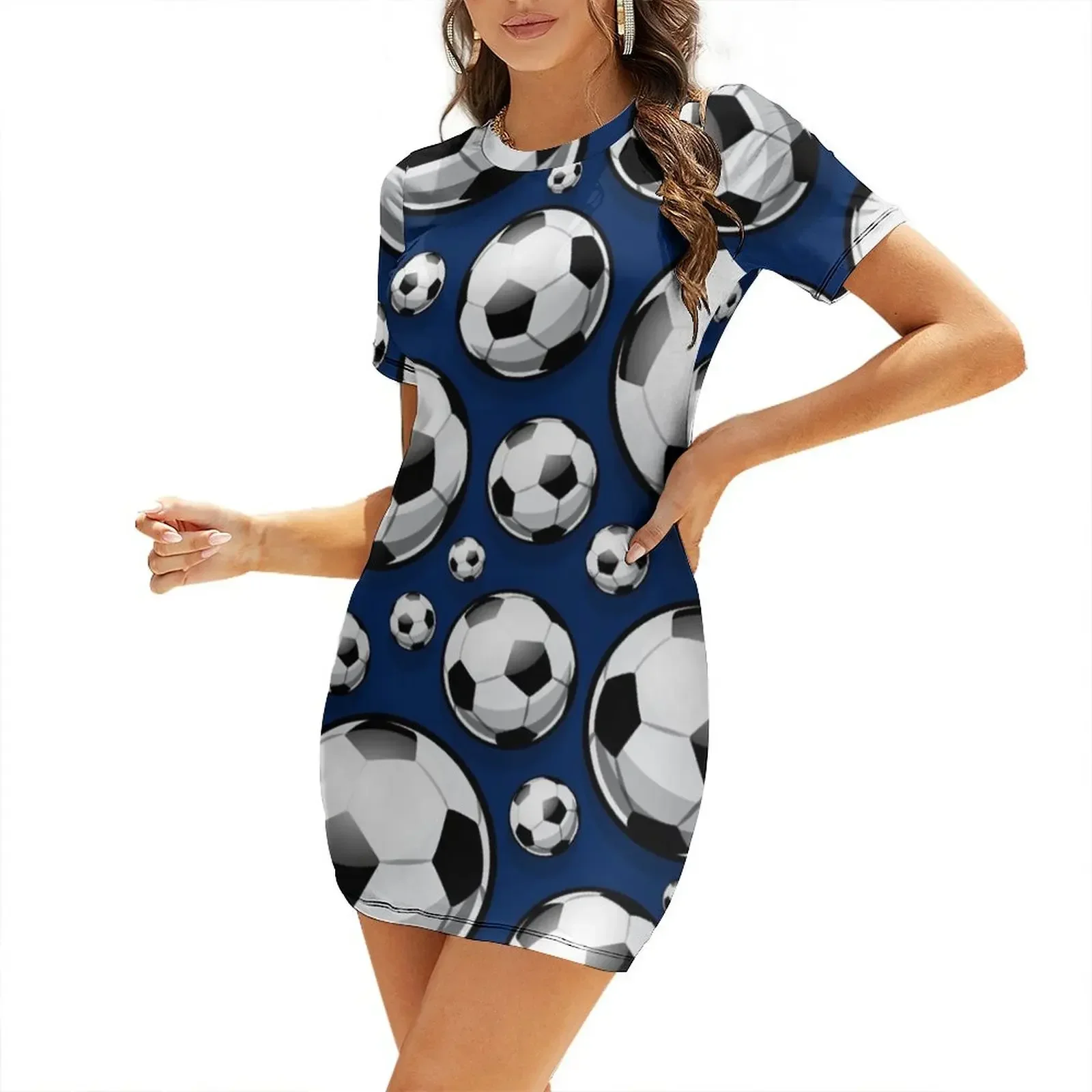 

Soccer Ball Balls Pattern Blue Football Sport Sports Short-Sleeved Dress clothes for woman women's fashion dresses