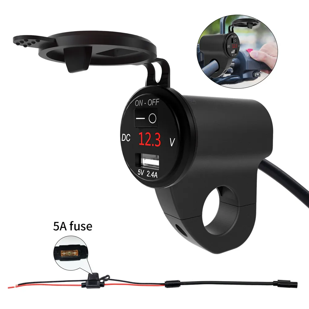 MoFlyeer Motorcycle USB Charger Aluminum Alloy Waterproof Mobile Phone Adapter 2.4A Digital Display Car Fast Charger with Switch