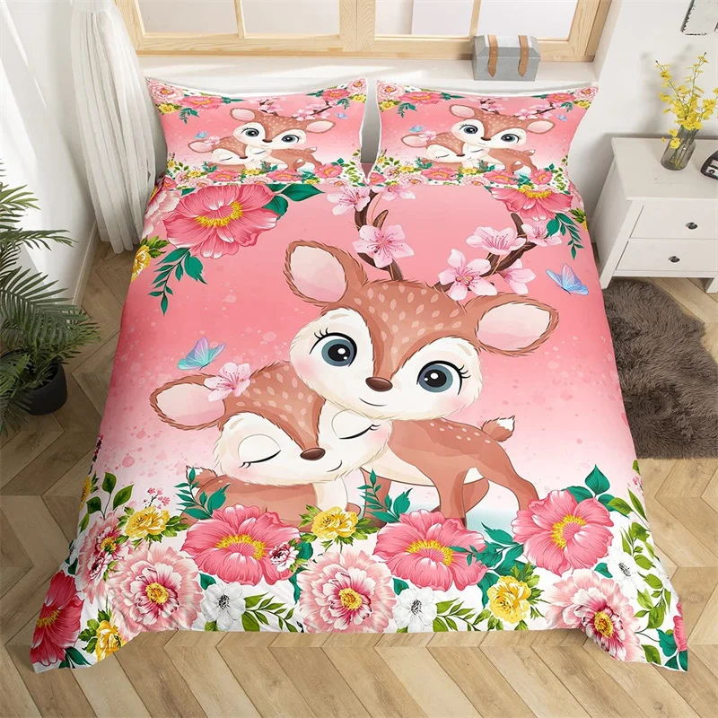 

Cartoon Animal Duvet Cover Set Zoo Animal Sika Deer Comforter Cover Microfiber Pink Floral Bedding Set Single Twin For Girl Boys