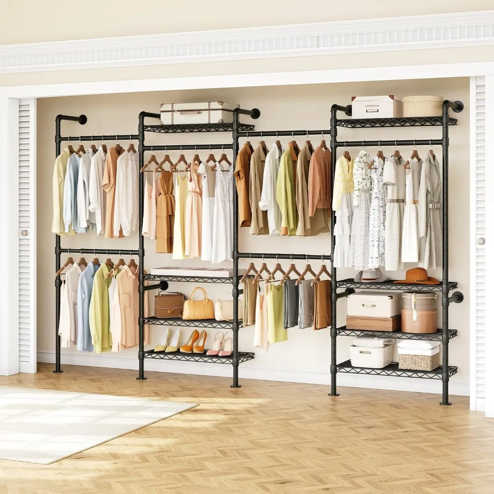 

H4 Wall Mounted Closet System, Expandable Industrial Pipe Clothes Rack Clothing Rack for Hanging Clothes, Heavy Duty Closet Orga
