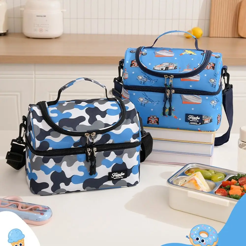Reusable Double-layer Kids Lunch Bag Leakproof Large Capacity Students Cooler Bag Thickened Cartoon Tote Bag for Girls Boys