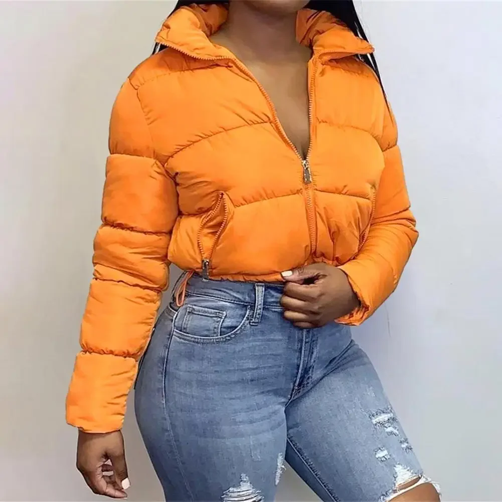 Women Winter Long Sleeve Zipper Puffer Jacket Stand Collar Warm Parka Fashion Short Outwear Thick Down Bubble Coats