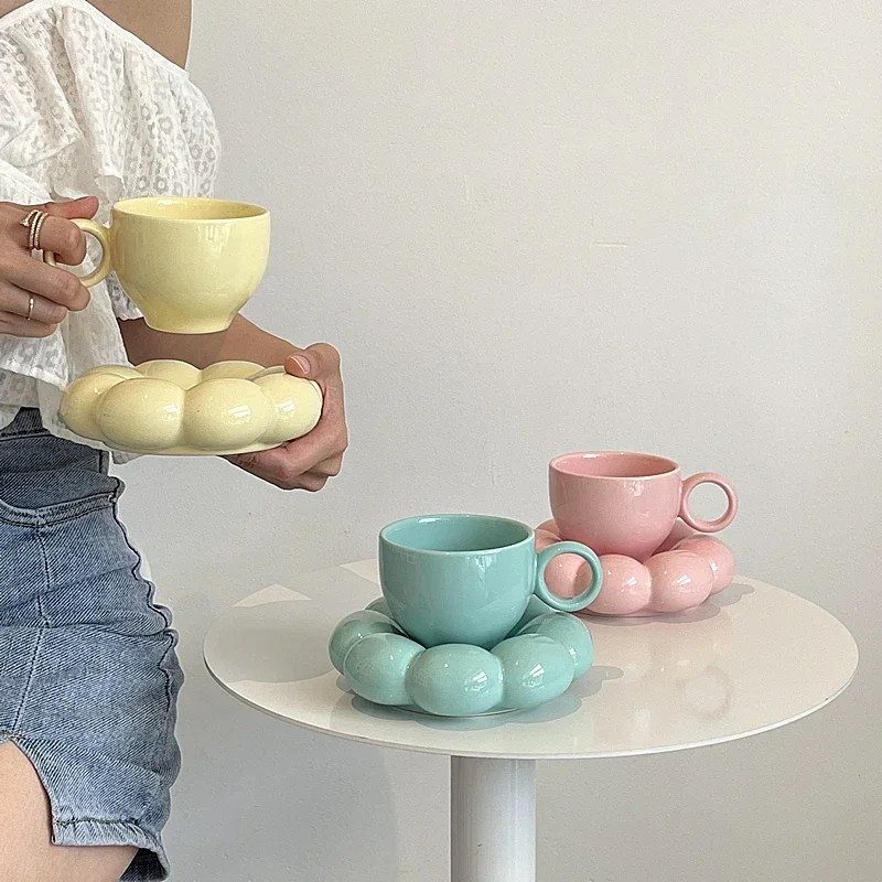 6oz Zonnebloem Koffiemok Esthetische Keramische Cloud Cup Decoratieve Schotel Afternoon Tea Water Cup Office Decor Home Mok Drinkware