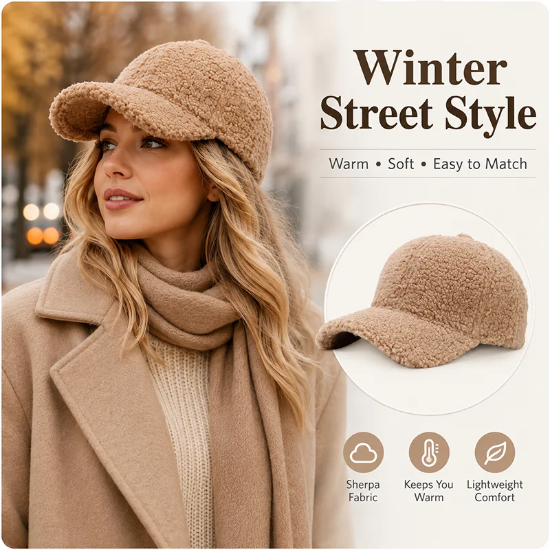Women Lamb Wool Baseball Cap Warm Fleece Adjustable Fit Curved Brim Sun Hat Solid Color Autumn Winter Casual Outdoor Female Hats