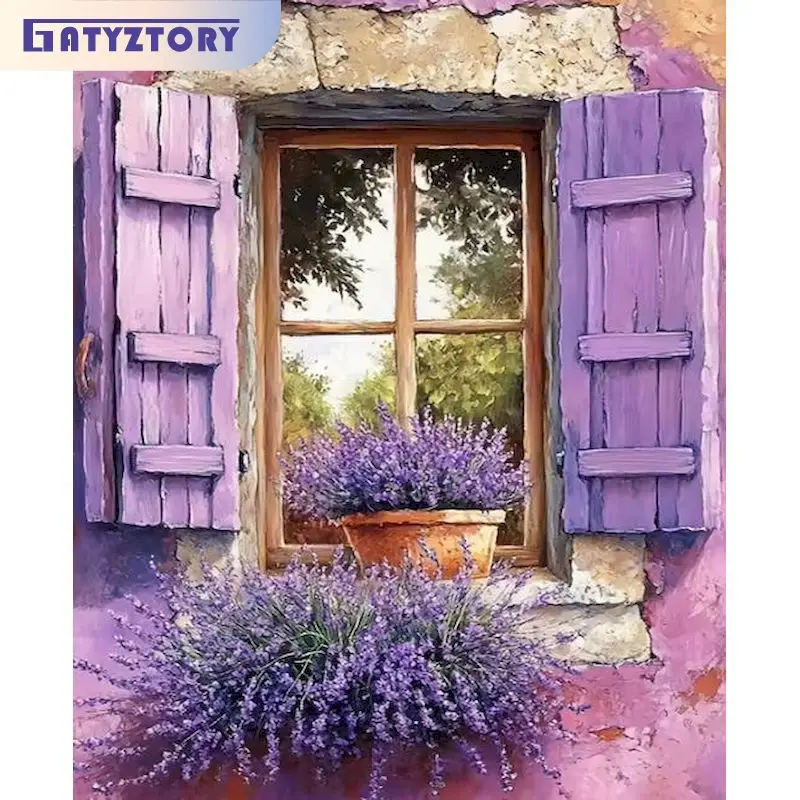 

GATYZTORY Purple Windowsill Painting By Numbers Wall Decor Diy Idea Scenery for Adults Beginners Handicraft Art Paint With Numbe