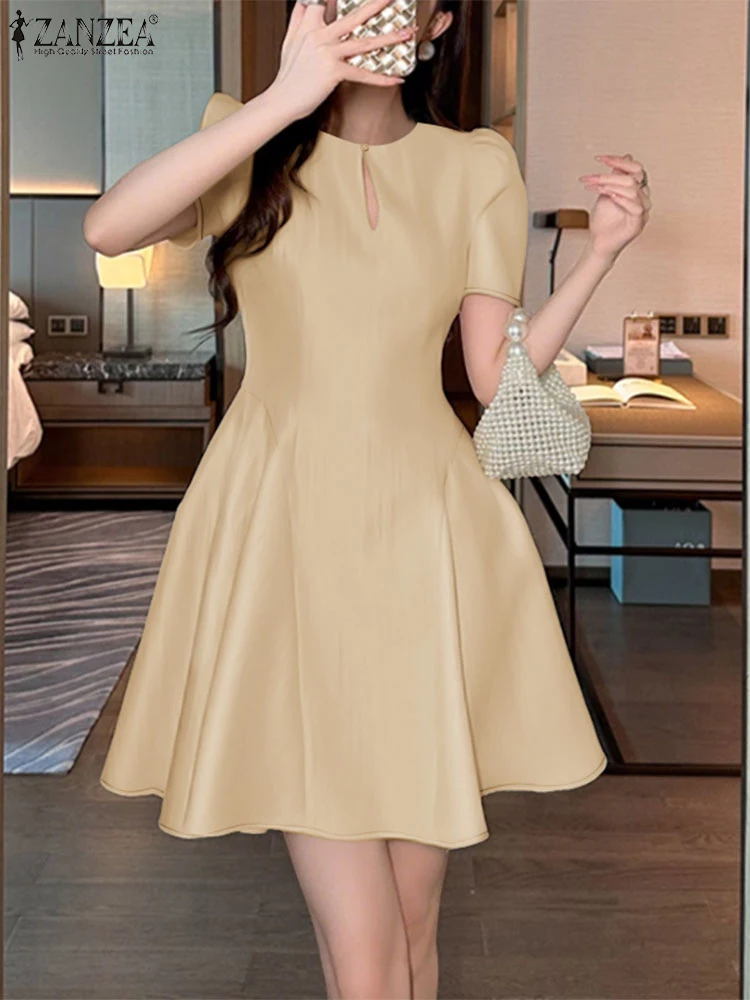 ZANZEA لامعة الساتان ثقب المفتاح س الرقبة ألف خط الجلباب قصيرة الأكمام 2025 موضة أنيقة الصلبة فستان كوكتيل حفلة امرأة فساتين صغيرة