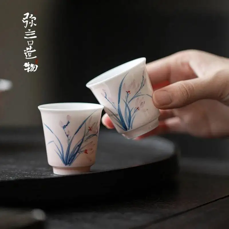 Handmade Ceramic Tea Cup, White Porcelain Hand-painted Orchid Tea Cup, Fragrance Collection Cup, Single Cup Чайная чашка
