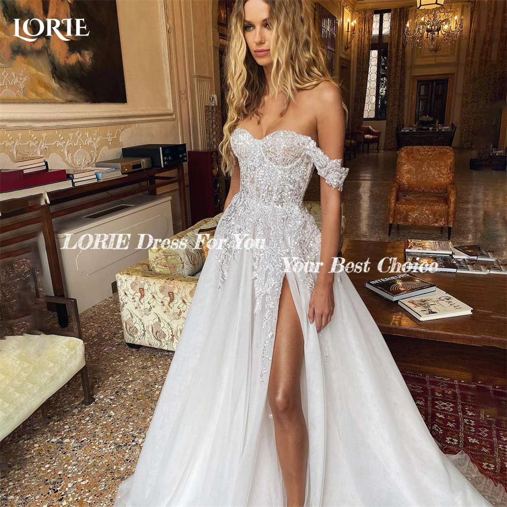 LORIE Elegant Glitter Lace Wedding Dresses Off Shoulder Shiny Applique Sexy Side Slit Bridal Gown Princess Bride DressCustomized