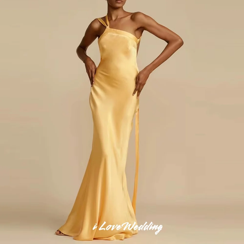 

Yellow One Shoulder Evening Dresses 2025 Satin Sleeveless Pleated Backless Mermaid Floor-Length Wedding Party Dress Customized