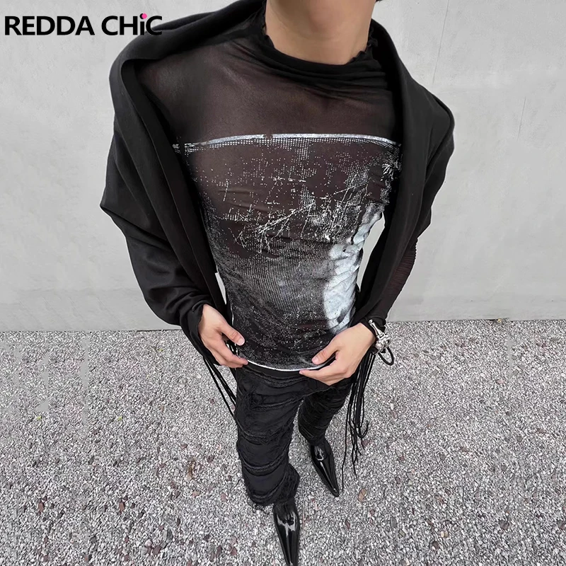 REDDACHiC Dark Punk Sheer Mesh Long Sleeves T-Shirt Women 90s Retro Patchwork Character Print Crop Top Hip Hop Style Streetwear