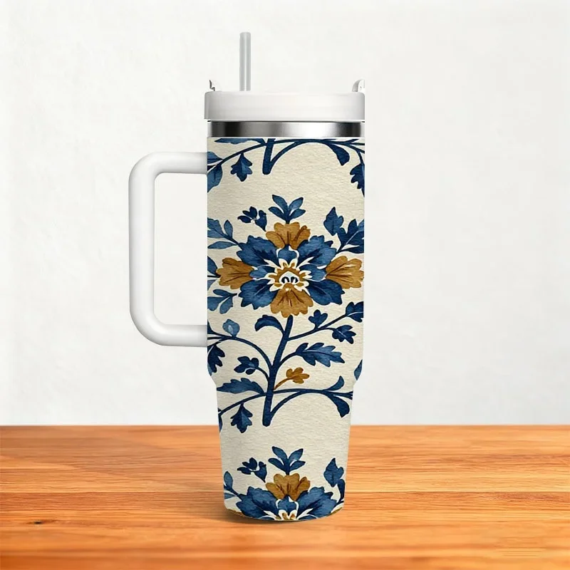 Seamless Floral Print 40oz Stainless Steel Insulated Tumbler, Light Beige Base with Blue Flowers, Yellow Centers and Detailed Blue Leaves, Stylish Digitally Printed Drink Container for Daily Drinks, Road Trips and Office Use