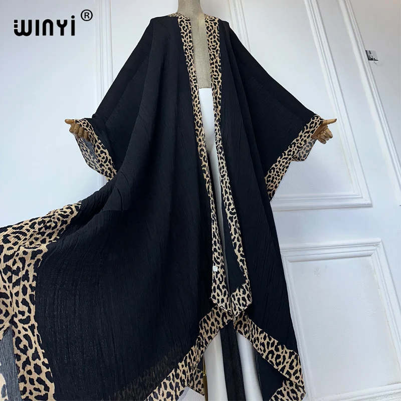 WINYI summer kimono Leopard print crumple cardigan Beach Wear costume da bagno Cover Up Holiday dress fashion coat abaya dubai luxury