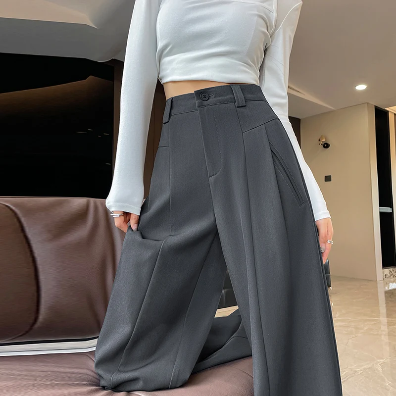 2025 Nowość Wiosna Lato Szerokie nogawki Spodnie dla kobiet Eleganckie Solidne Biuro Lady Koreańskie Kieszenie Damskie Luźne Spodnie Damskie