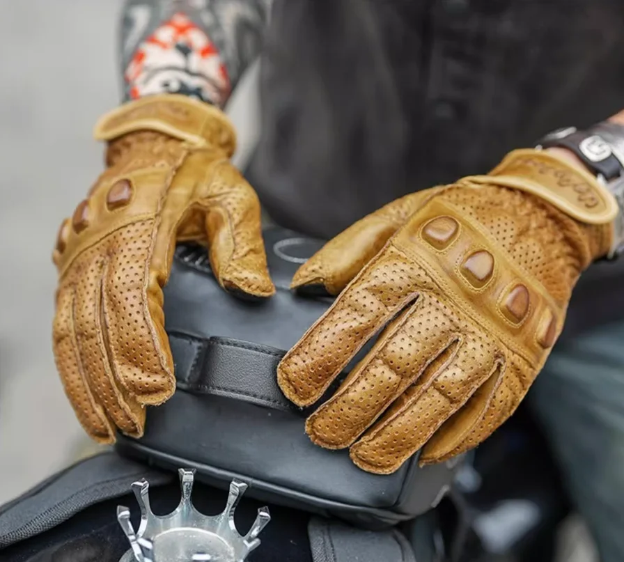 

Uglybros Summer Breathable Genuine Leather Retro Motorcycle Gloves Protection Touch Screen Vintage Moto Motorbike Gloves