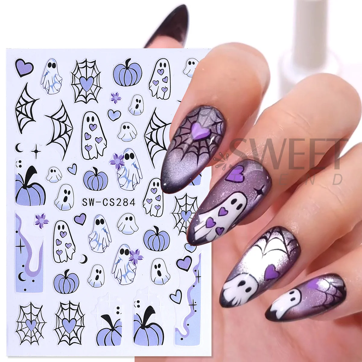 2pcs Adorable Ghost Nail Stickers 3D Purple Love Heart Spider Web Pumpkin Element Decal Halloween Holiday Manicure Sliders Decor